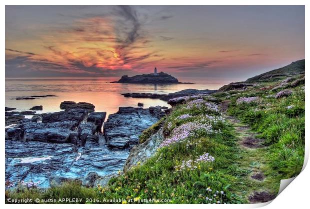 Day Ending At Godrevy Lighthouse Print by austin APPLEBY