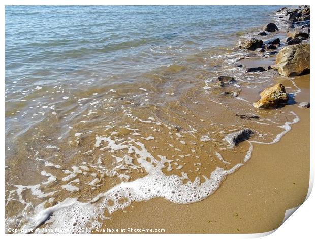 Sand Sea and Rocks Print by Jane Metters