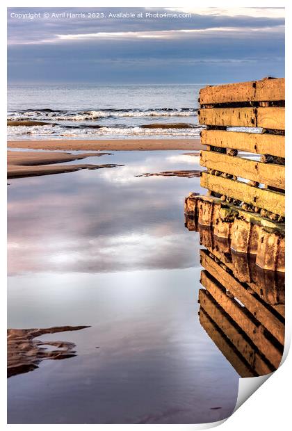Groyne reflects at low tide. Print by Avril Harris