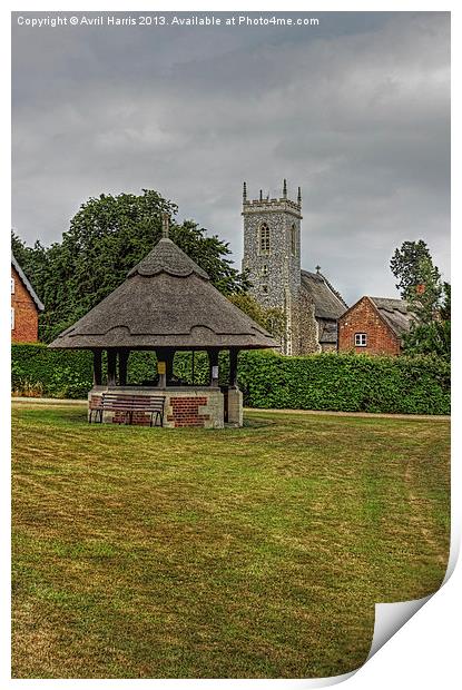 Woodbastwick village green and church Print by Avril Harris