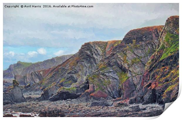 Hartland Quay Cliffs Print by Avril Harris