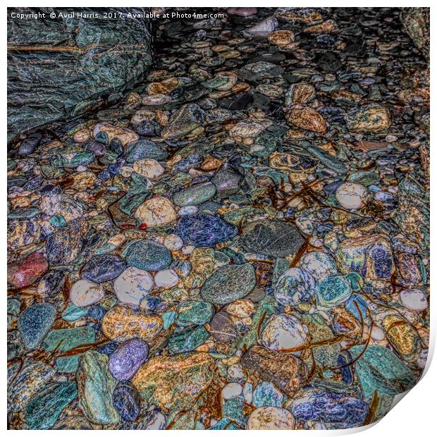 Merlin's cave pebbles Print by Avril Harris