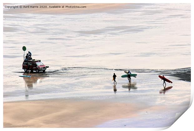 Surfers on woolacombe beach Print by Avril Harris