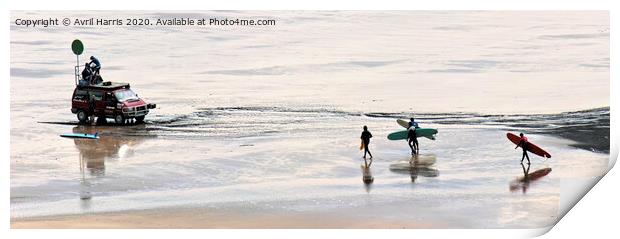 Woolacombe beach surfers. Print by Avril Harris